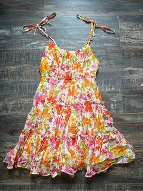 Floral Tie-Shoulder Sundress in Pink, Orange & Green
